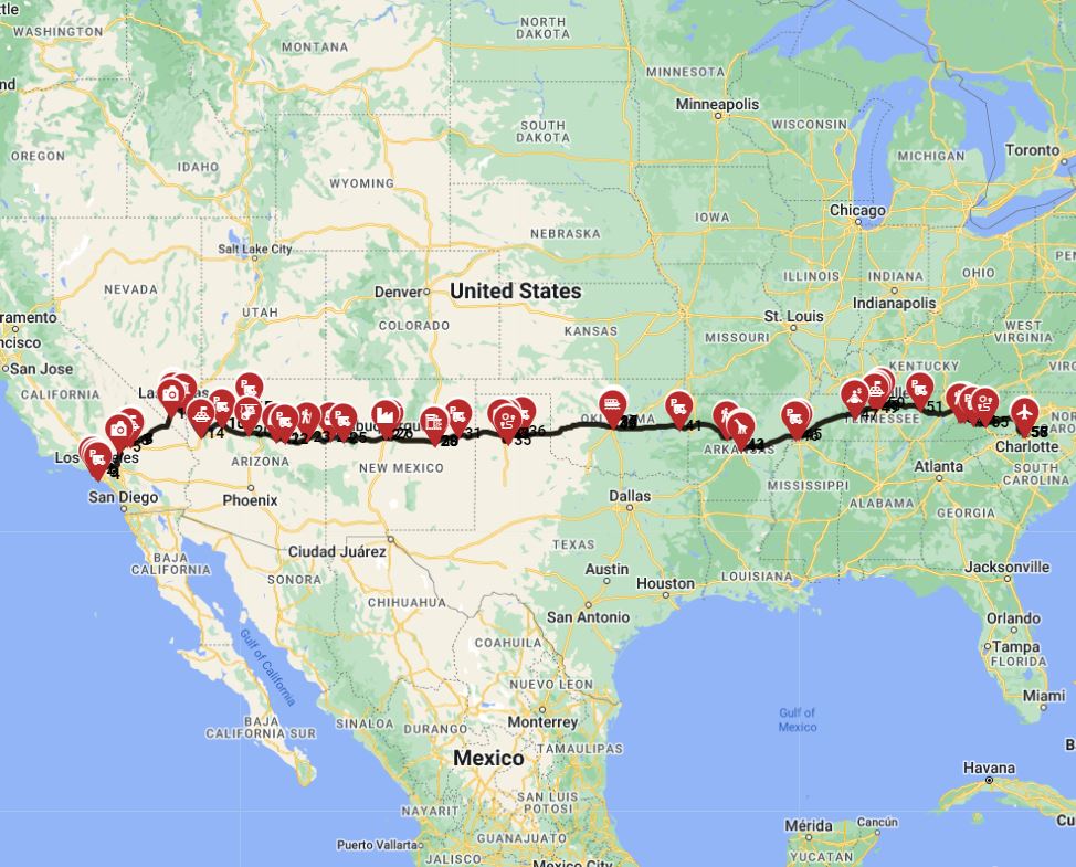 Map for Los Angeles to Charlotte - Incldung Grand Canyon  Smoky Mountains